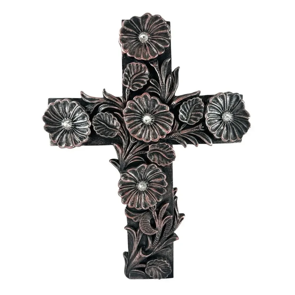 Decorative Floral Wall Cross Heavy Resin Pink Metallic Rhinestone Accents 10x14